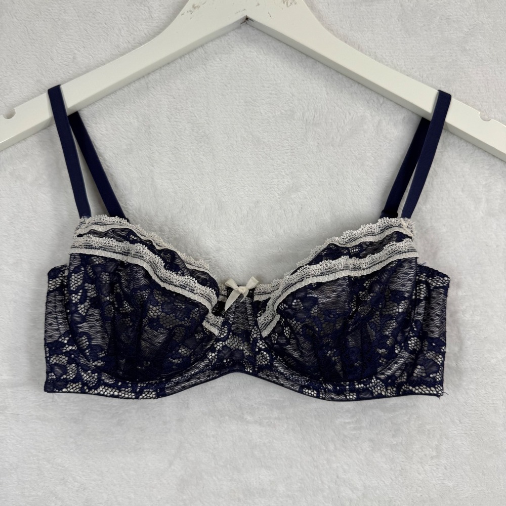 Marie Meili Navy Blue Floral‎ Lace Underwire Bra 34C MMS14E0034 Cream Trim Bow